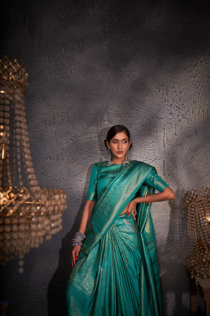 Traditional look styled with antique jewelry against a festive backdrop.