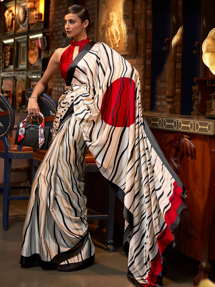 Bollywood-style crepe saree in snow white and smoky black with stylish digital print, perfect for festive occasions.