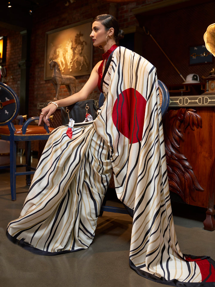 Designer crepe saree in snow white and smoky black featuring a stylish digital print, ideal for festive events.