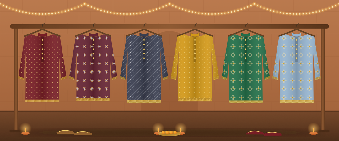 Men’s festive kurtas in maroon, wine, charcoal blue, mustard, emerald and sky blue on wooden hangers, with diyas and mojaris