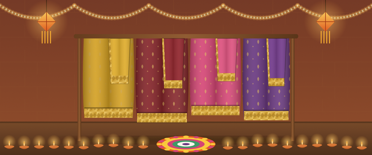 Diwali festive sarees in mustard, maroon, pink and purple with gold zari, with diyas, rangoli and kandil lanterns