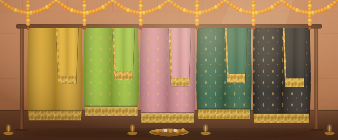 Wedding guest sarees in mustard, lime green, rose pink, bottle green and black with gold zari borders, hung under a marigold garland