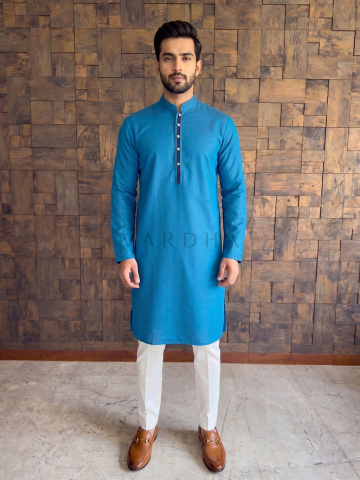 Peacock Blue Textured Cotton Kurta with Contrast Placket