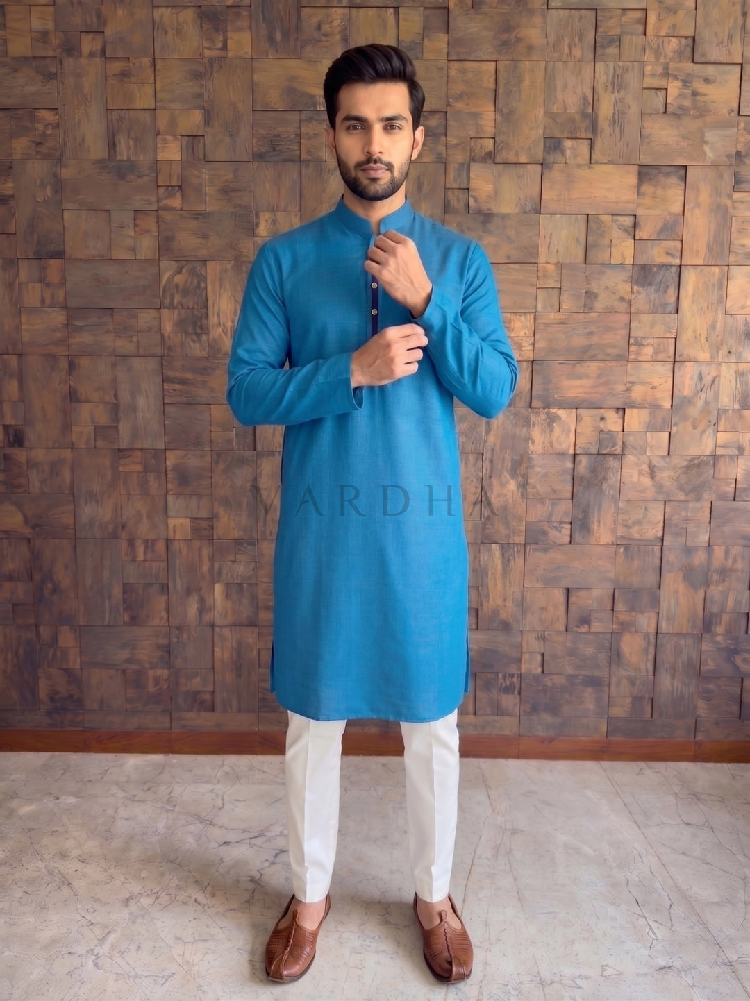 Peacock Blue Textured Cotton Kurta with Contrast Placket