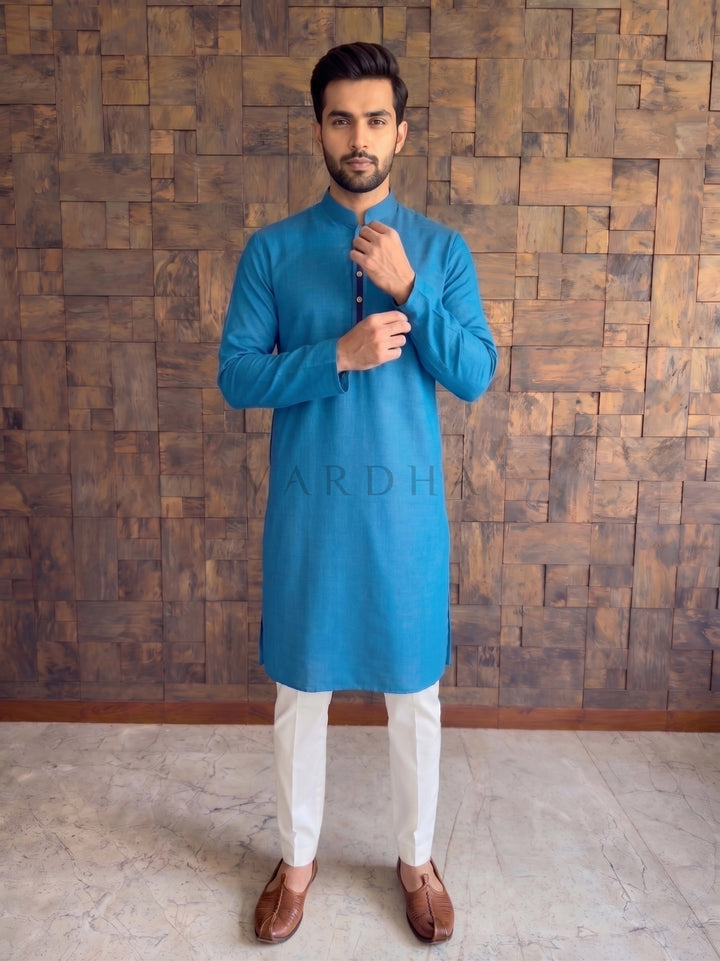 Peacock Blue Textured Cotton Kurta with Contrast Placket