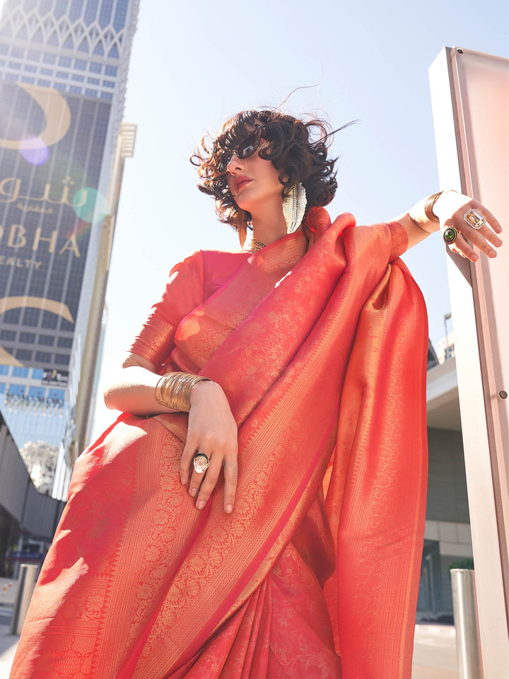coral wedding saree kanjivaram silk with zari vibrant festive saree haldi ceremony look