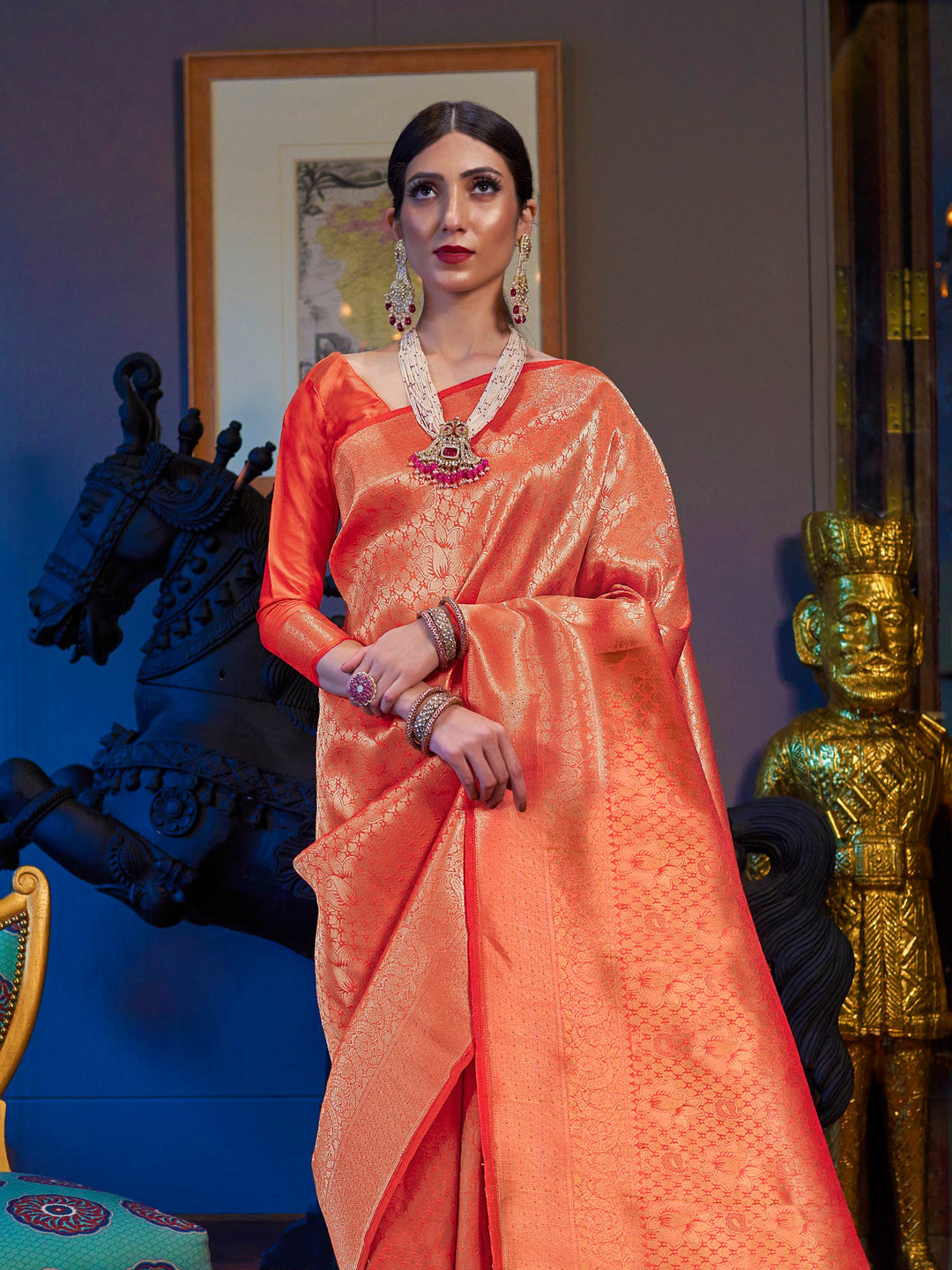 Tangerine Orange Kanjivaram Silk Saree with Woven Zari Work