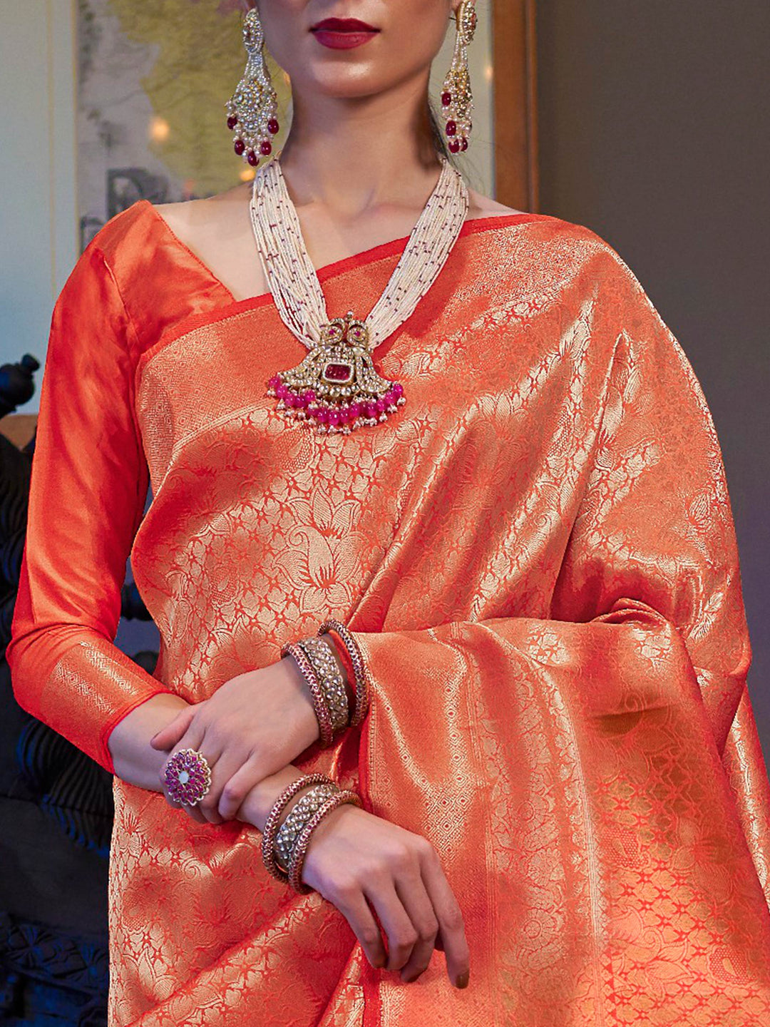Tangerine Orange Kanjivaram Silk Saree with Woven Zari Work