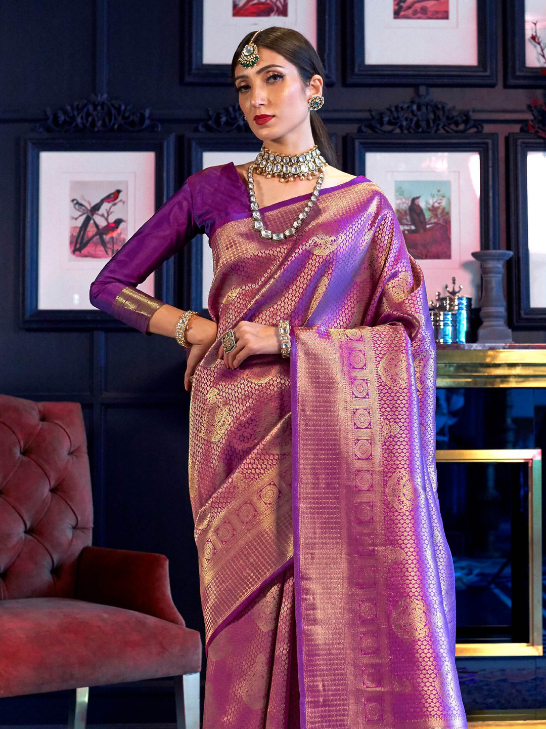 Purple Kanjivaram Silk Saree with Woven Zari Work