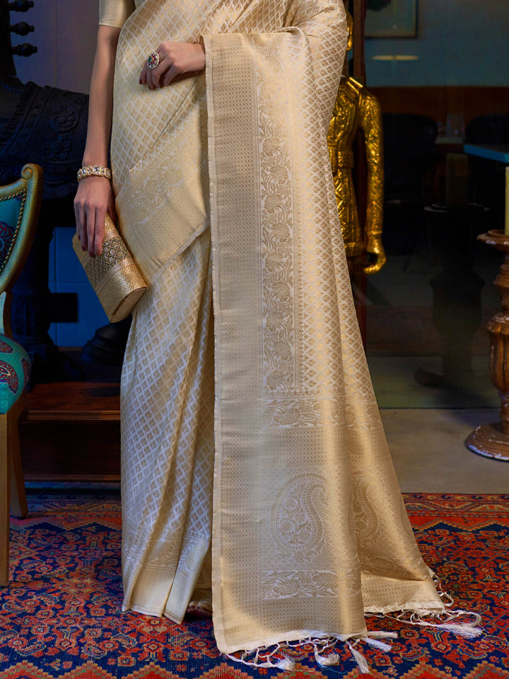 Ivory Kanjivaram Silk Saree with Woven Zari Work