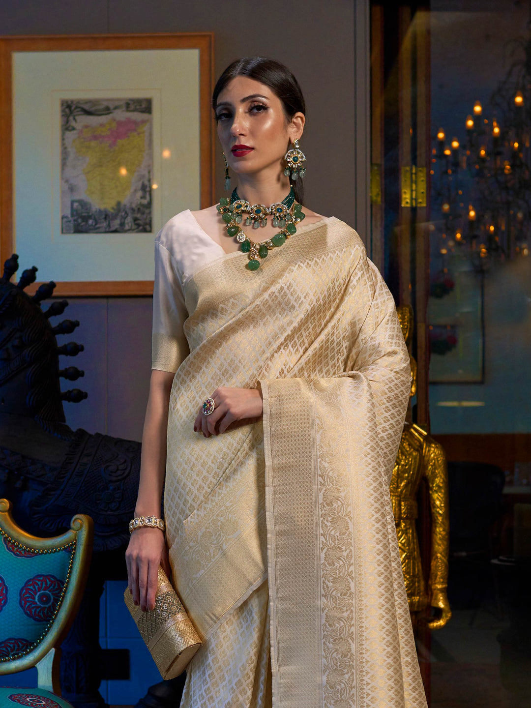 Ivory Kanjivaram Silk Saree with Woven Zari Work