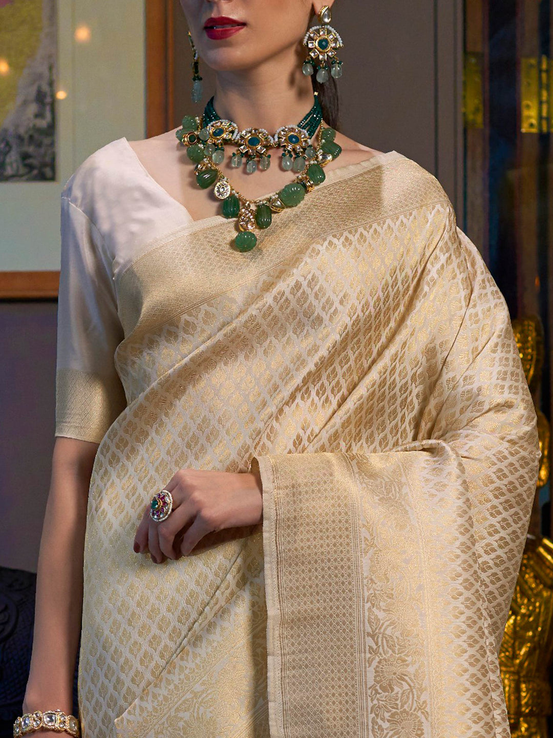 Ivory Kanjivaram Silk Saree with Woven Zari Work
