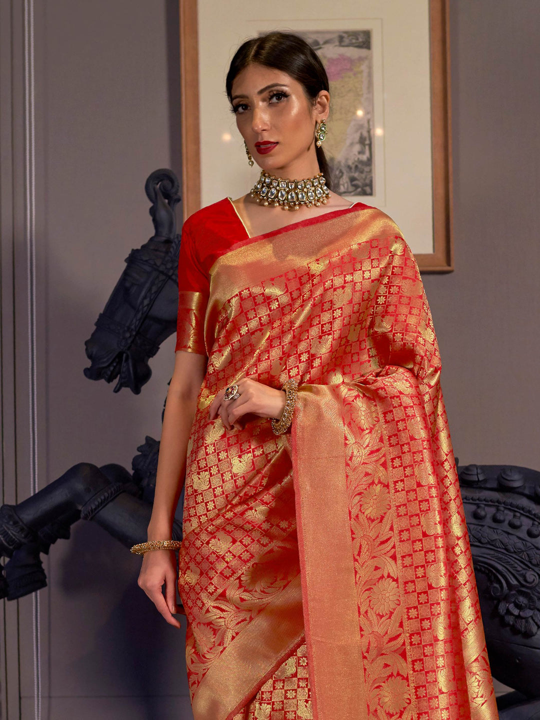 Red Kanjivaram Silk Saree with Woven Zari Work