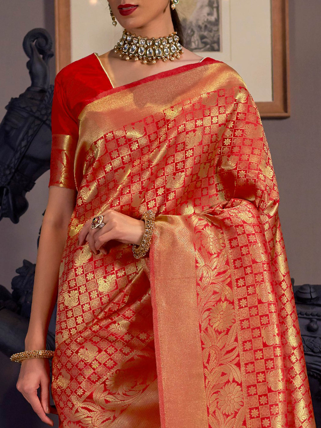 Red Kanjivaram Silk Saree with Woven Zari Work