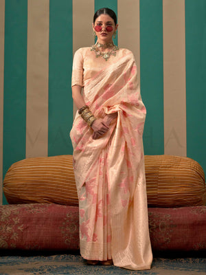 Champagne and Rose Pink linen saree with floral woven motifs and soft handloom texture This image captures the front drape view highlighting pallu fall and pleats alignment, ideal for visualizing festive elegance, designer appeal, and modern styling inspiration. Perfect for online shoppers seeking detailed previews before purchase, enhancing saree visual merchandising and SEO-rich product display strategy.                                                                                                       