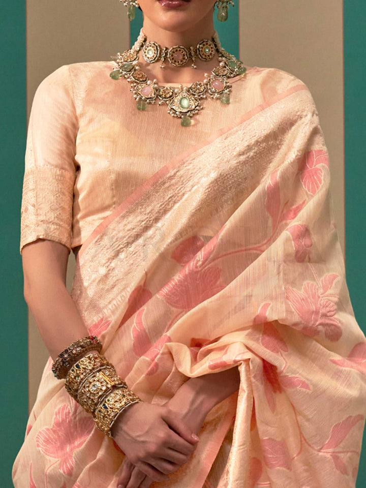 Champagne and Rose Pink linen saree with floral woven motifs and soft handloom texture This image captures the zoomed texture view illustrating fabric weave and print clarity, ideal for visualizing festive elegance, designer appeal, and modern styling inspiration. Perfect for online shoppers seeking detailed previews before purchase, enhancing saree visual merchandising and SEO-rich product display strategy.                                                                                                     