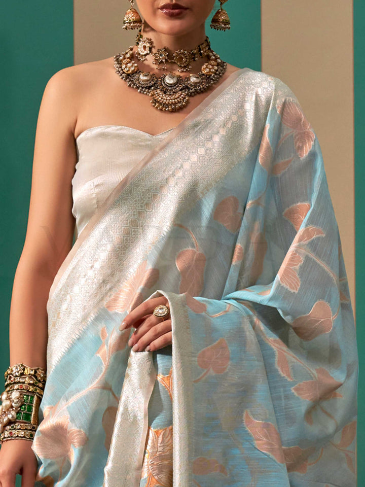 Sky Blue and Pearl White linen saree with floral woven motifs and soft handloom texture This image captures the zoomed texture view illustrating fabric weave and print clarity, ideal for visualizing festive elegance, designer appeal, and modern styling inspiration. Perfect for online shoppers seeking detailed previews before purchase, enhancing saree visual merchandising and SEO-rich product display strategy.                                                                                                    