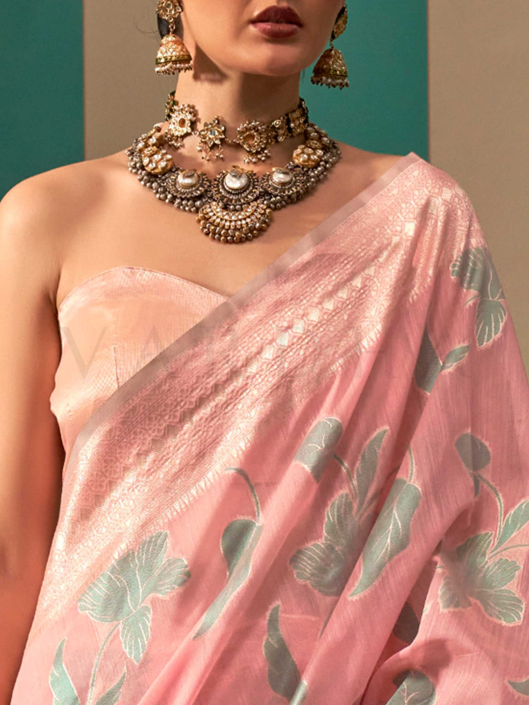 Baby Pink and Sky Blue linen saree with floral woven motifs and soft handloom texture This image captures the zoomed texture view illustrating fabric weave and print clarity, ideal for visualizing festive elegance, designer appeal, and modern styling inspiration. Perfect for online shoppers seeking detailed previews before purchase, enhancing saree visual merchandising and SEO-rich product display strategy.                                                                                                      