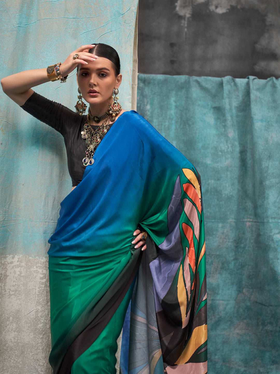 Elegant Black Blue Crepe Silk Saree with Floral Digital Prints