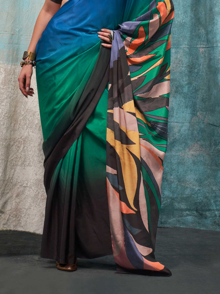 Elegant Black Blue Crepe Silk Saree with Floral Digital Prints
