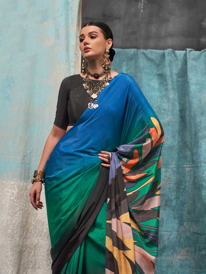 Elegant Black Blue Crepe Silk Saree with Floral Digital Prints