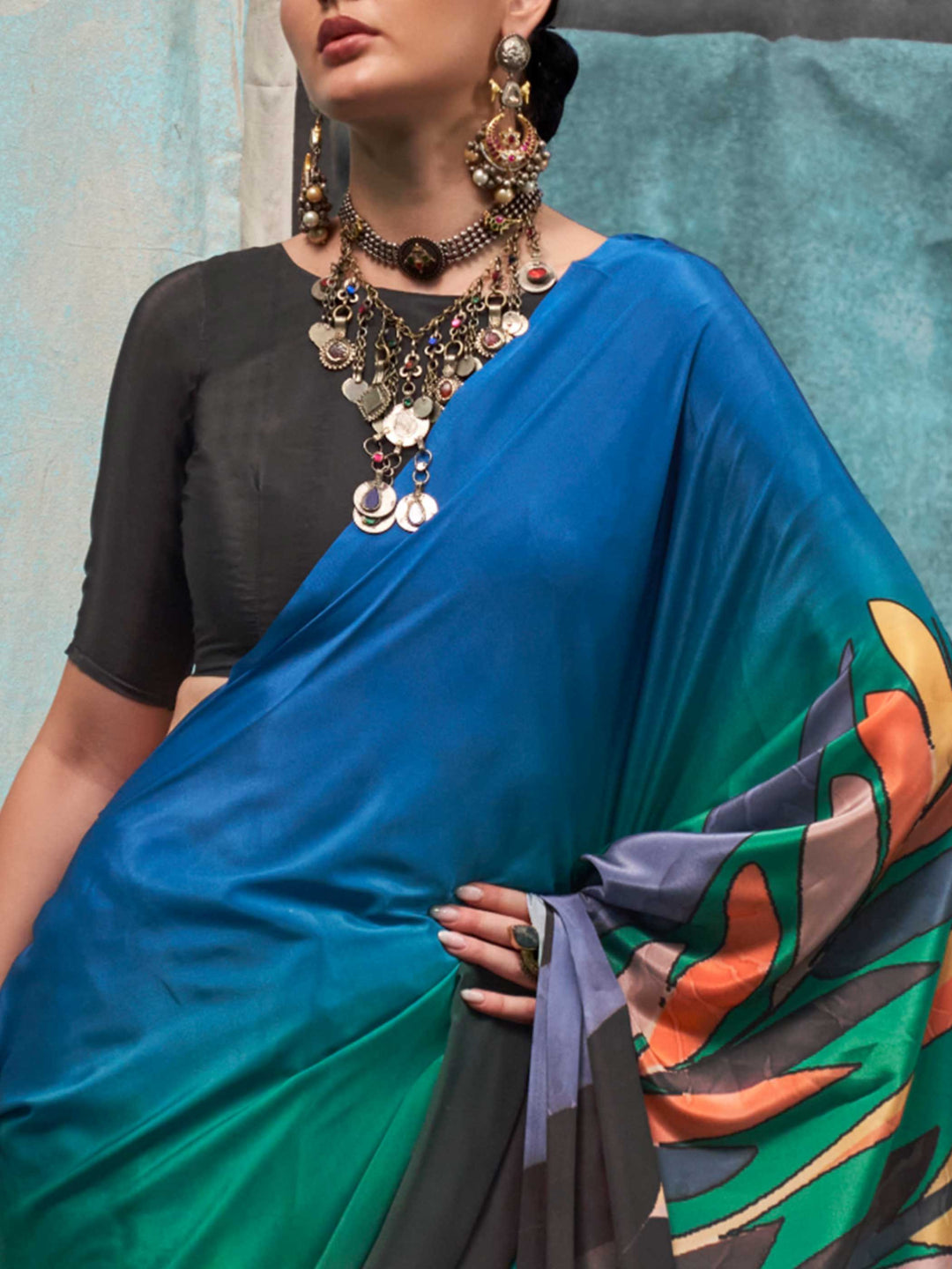 Elegant Black Blue Crepe Silk Saree with Floral Digital Prints
