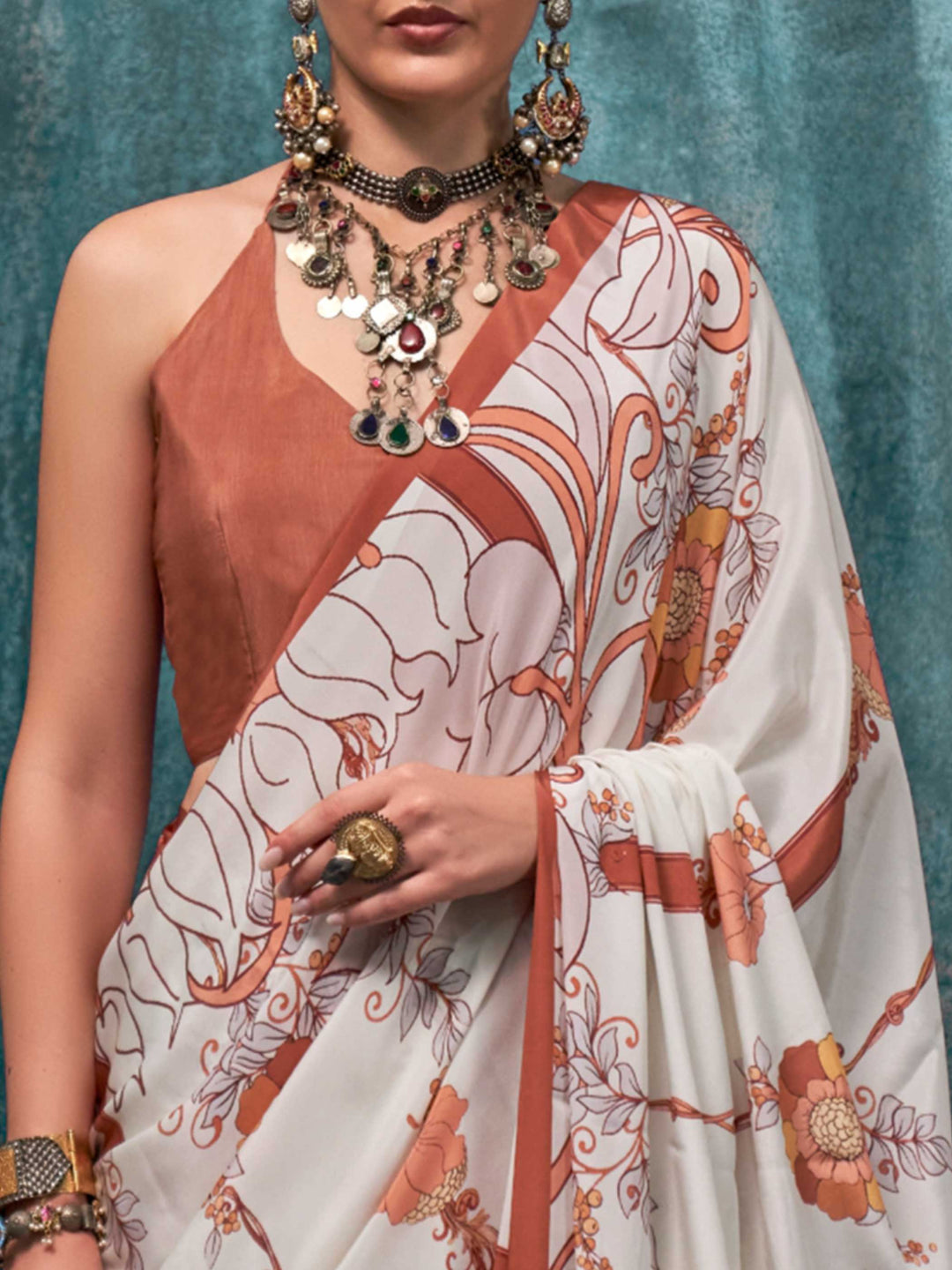 Vibrant Cream-Brown Crepe Silk Saree with Kalamkari Prints