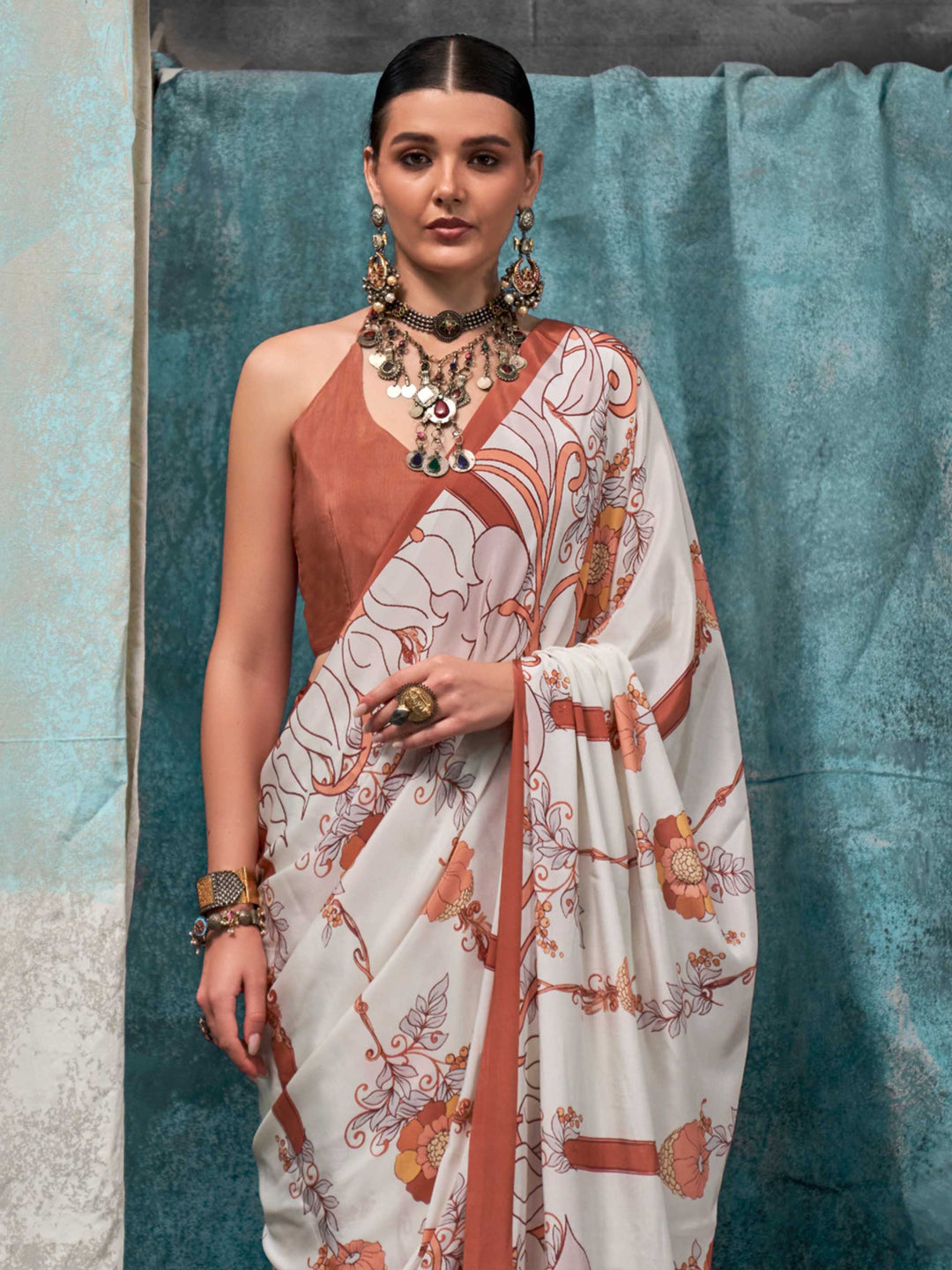 Vibrant Cream-Brown Crepe Silk Saree with Kalamkari Prints