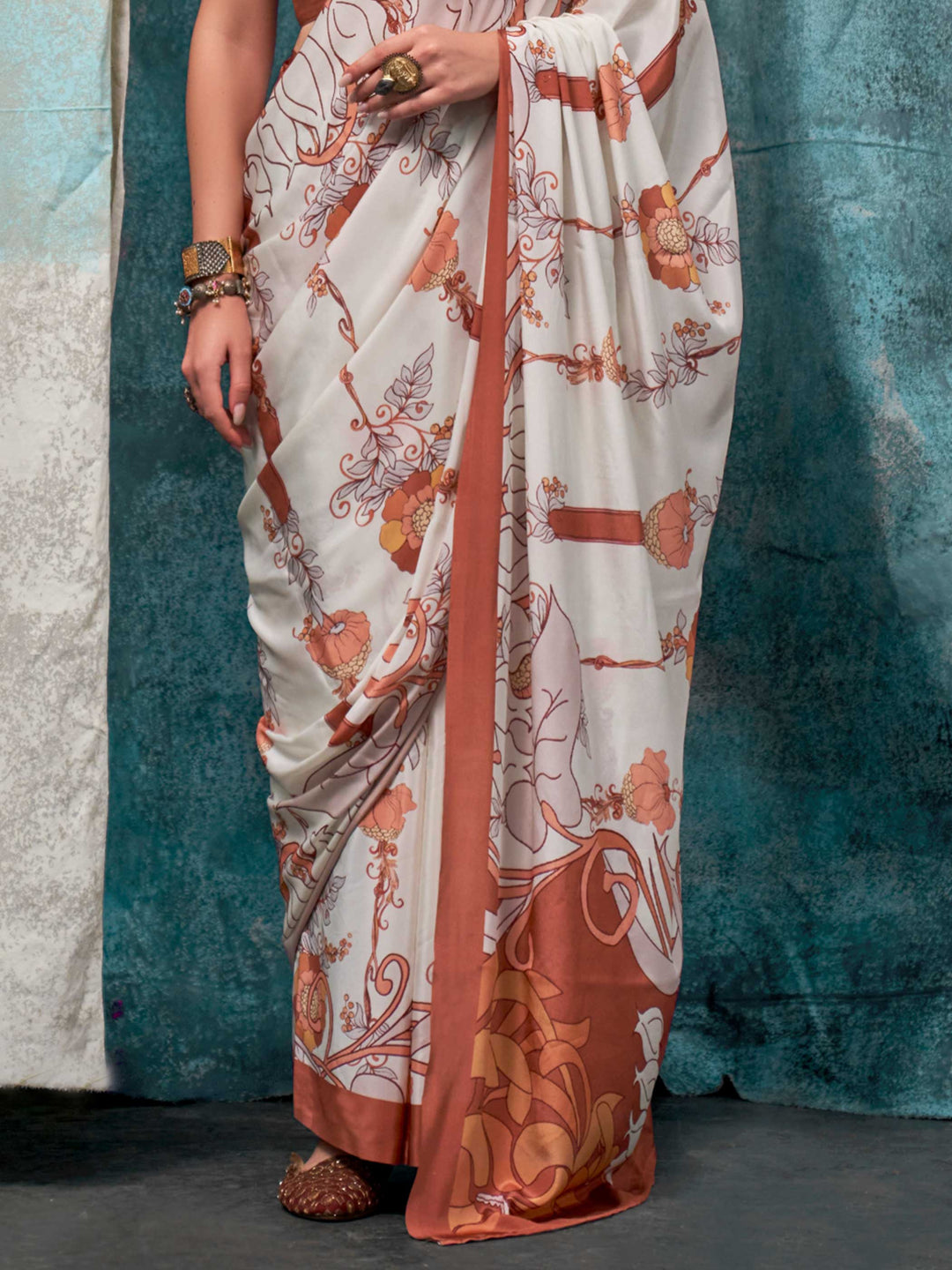 Vibrant Cream-Brown Crepe Silk Saree with Kalamkari Prints