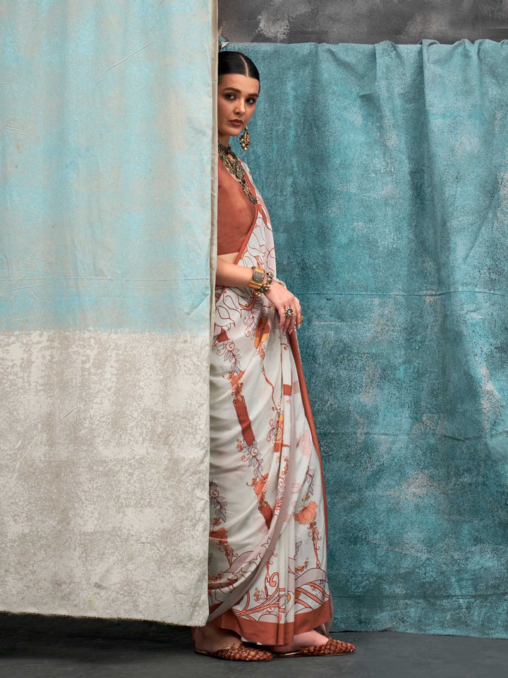 Vibrant Cream-Brown Crepe Silk Saree with Kalamkari Prints