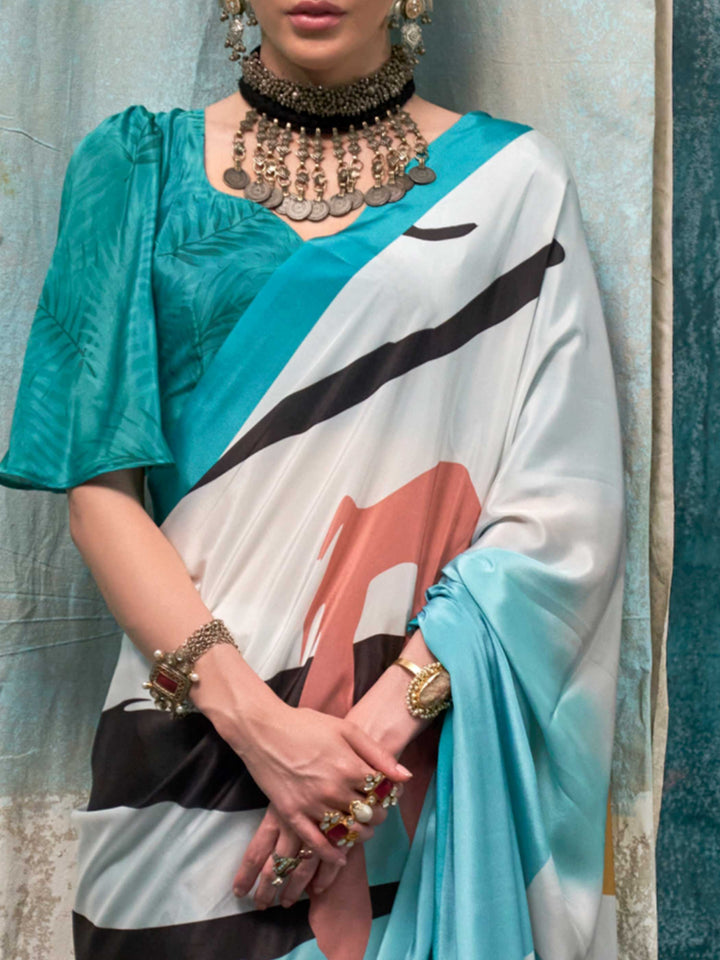 Graceful Sky Blue Crepe Silk Saree with Floral Digital Prints