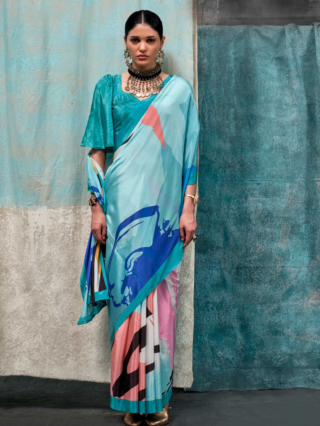 Graceful Sky Blue Crepe Silk Saree with Floral Digital Prints