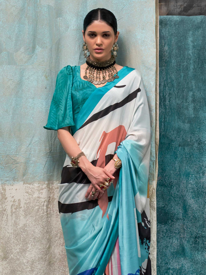 Graceful Sky Blue Crepe Silk Saree with Floral Digital Prints