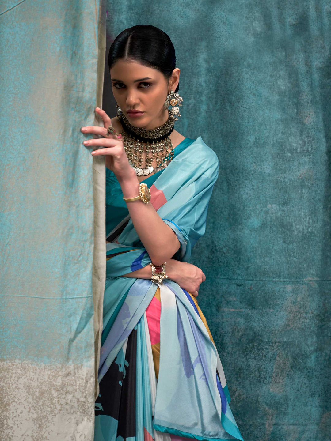 Graceful Sky Blue Crepe Silk Saree with Floral Digital Prints
