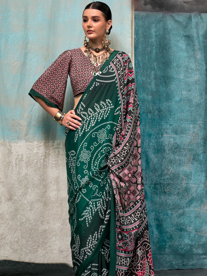 Sophisticated Green Crepe Silk Saree with Digital Prints