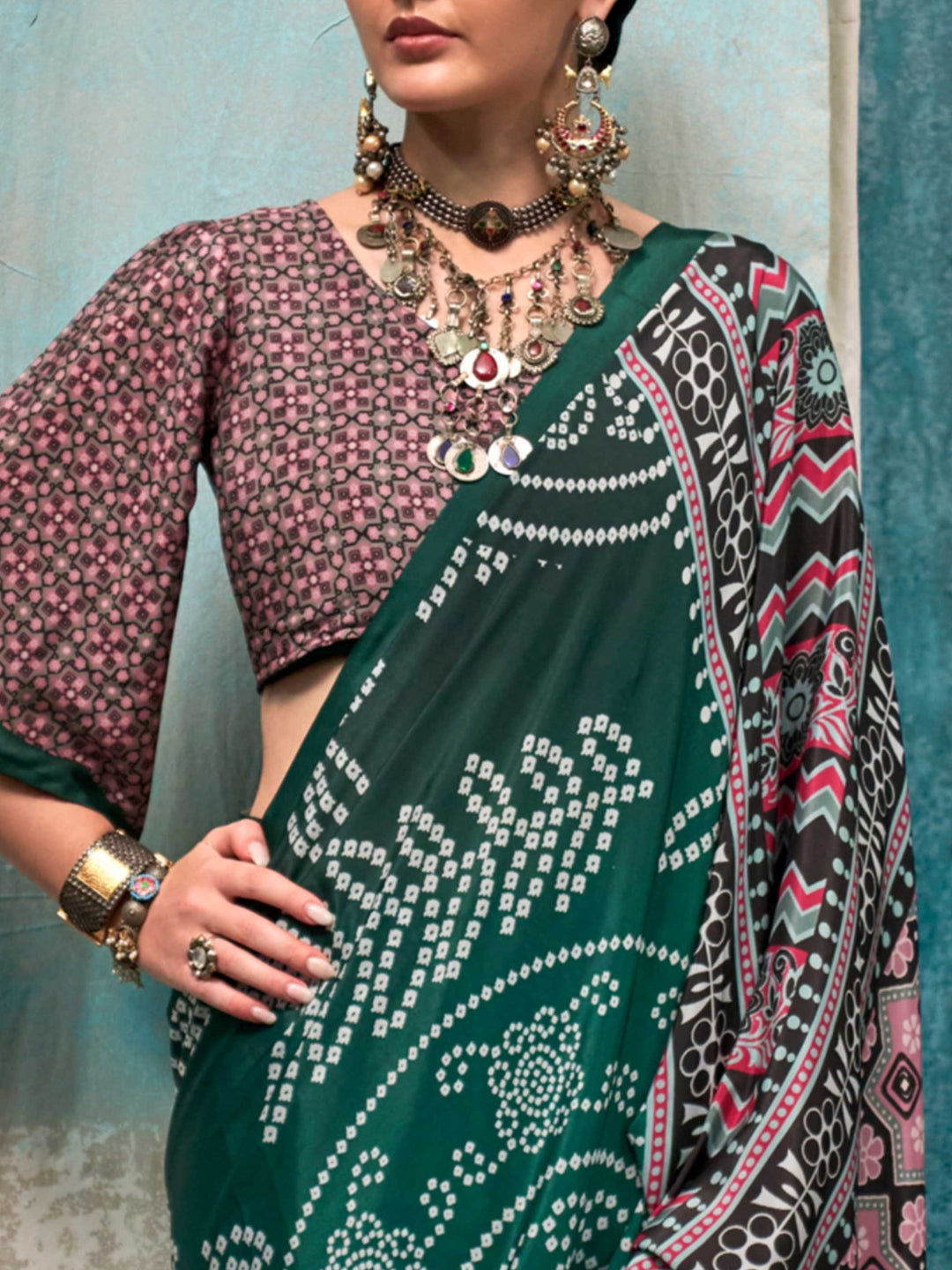 Sophisticated Green Crepe Silk Saree with Digital Prints