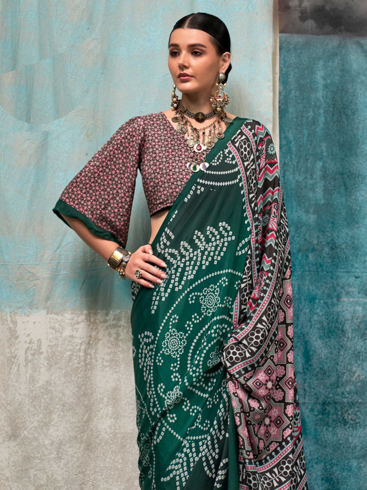 Sophisticated Green Crepe Silk Saree with Digital Prints