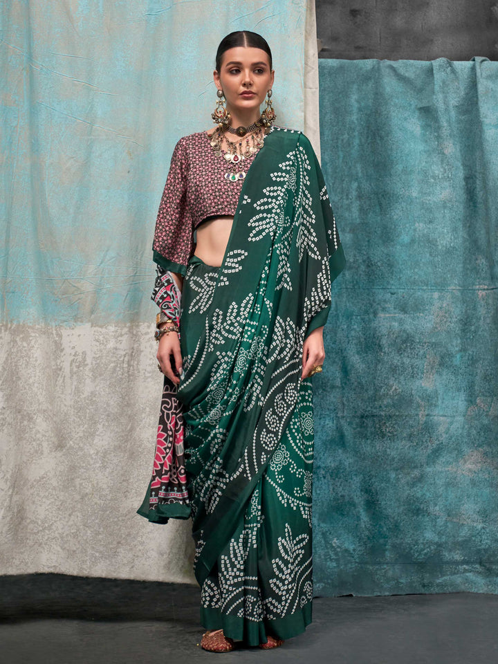 Sophisticated Green Crepe Silk Saree with Digital Prints