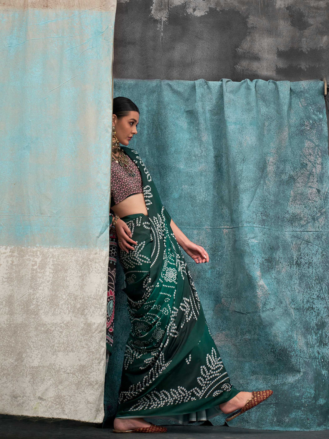 Sophisticated Green Crepe Silk Saree with Digital Prints