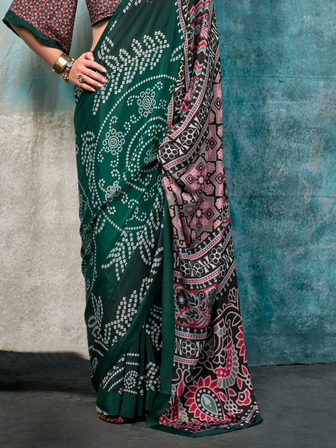 Sophisticated Green Crepe Silk Saree with Digital Prints