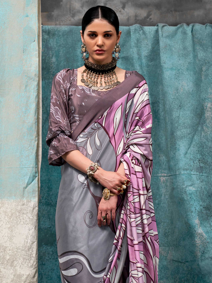 Elegant Lavender Crepe Silk Saree with Kalamkari Prints