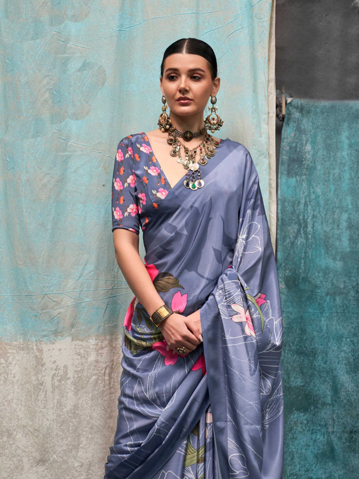 Elegant Silver Grey Crepe Silk Saree with Kalamkari Prints