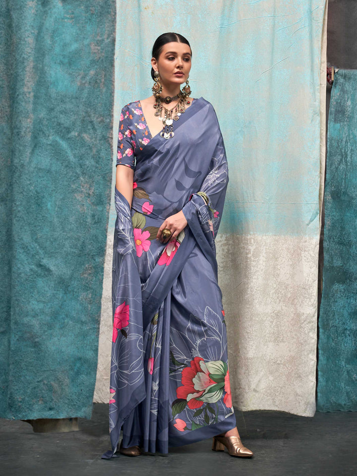 Elegant Silver Grey Crepe Silk Saree with Kalamkari Prints