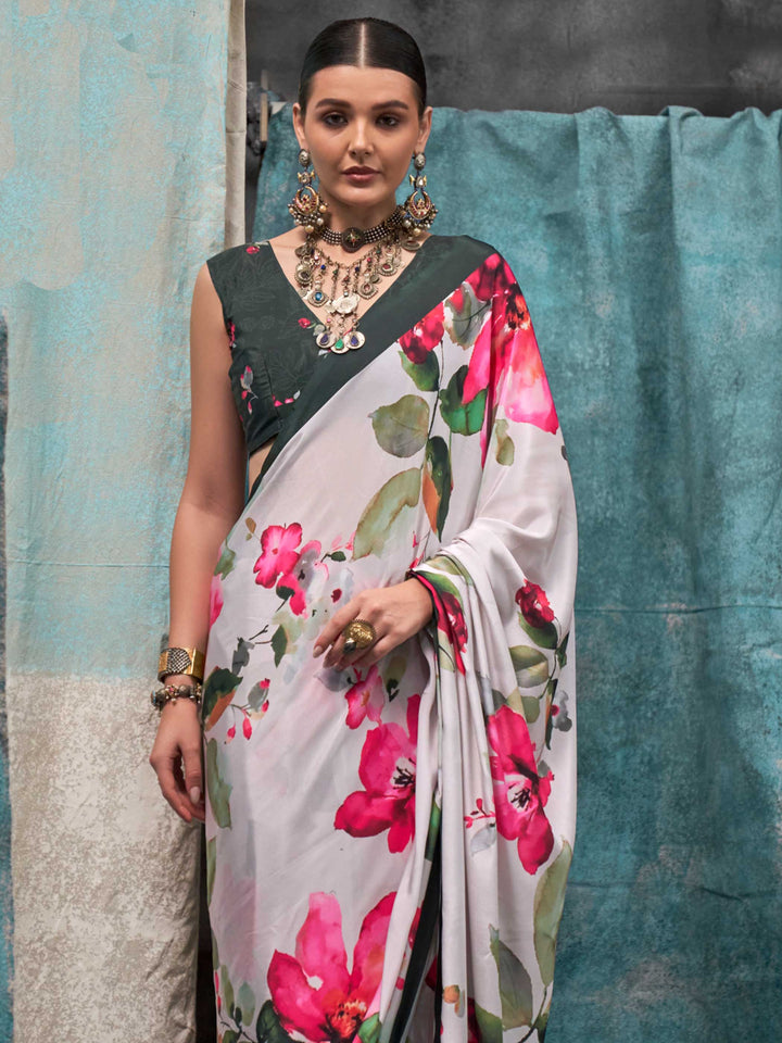 Charming White Crepe Silk Saree with Kalamkari Prints