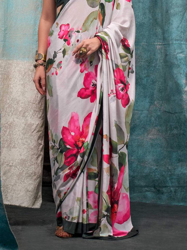 Charming White Crepe Silk Saree with Kalamkari Prints
