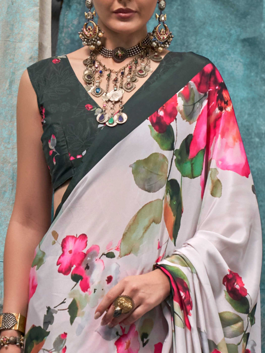 Charming White Crepe Silk Saree with Kalamkari Prints
