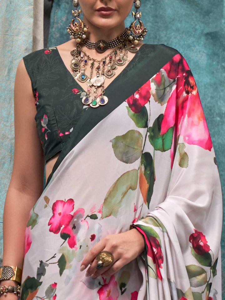 Charming White Crepe Silk Saree with Kalamkari Prints
