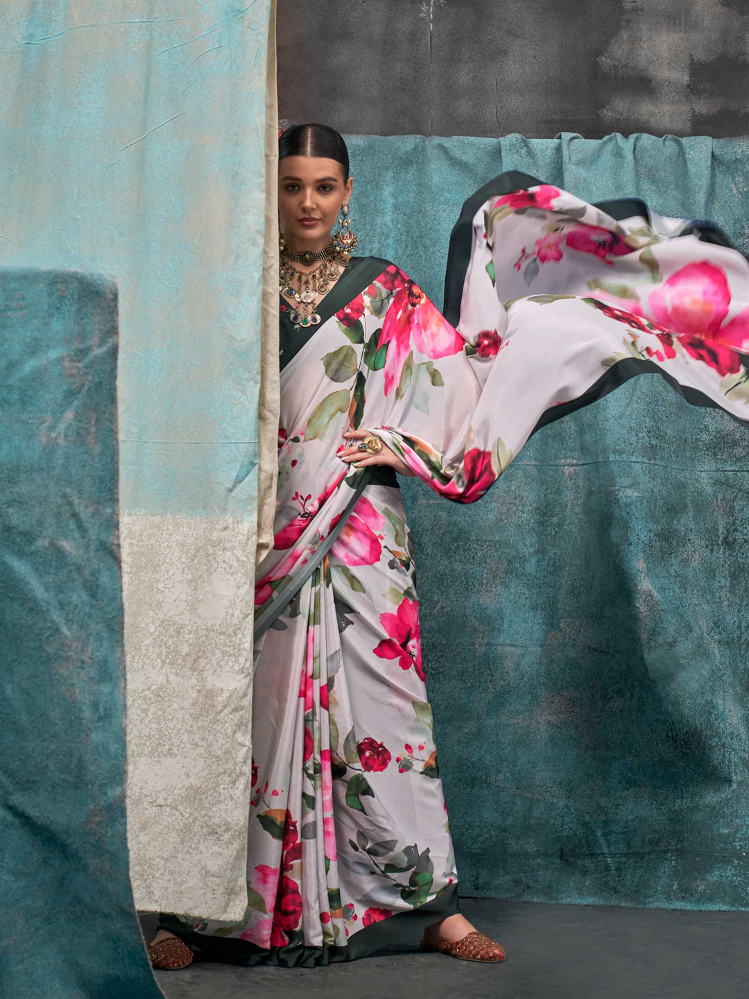 Charming White Crepe Silk Saree with Kalamkari Prints