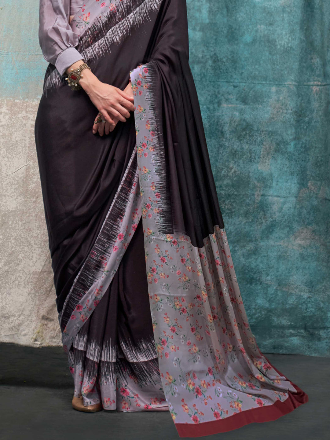 Refreshing Charcoal Grey Printed Crepe Silk Saree