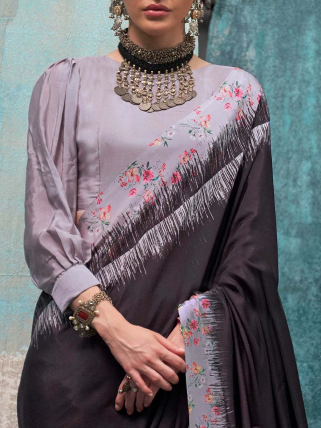 Refreshing Charcoal Grey Printed Crepe Silk Saree